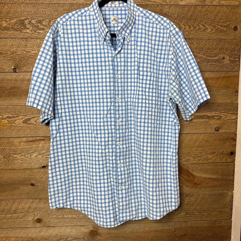 Peter Millar Plaid Button Down Shirt Blue Collared Short Sleeve Size XL